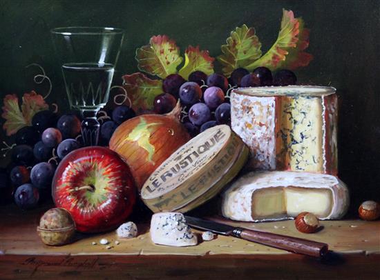Raymond Campbell (b.1956) Still life with a glass of wine, cheese and fruit 11.5 x 15.5in.